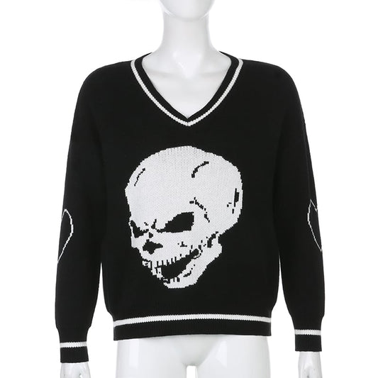Skull Knit Oversized Loose Sweater Sweatshirt Long Sleeve Pullover Goth Punk Autumn Fall E-Girl Kawaii Korean Japanese Harajuku Streetwear