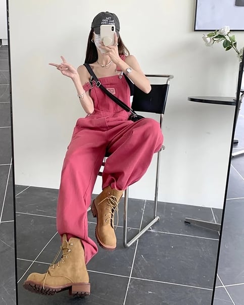 Pink Denim Overall Pants