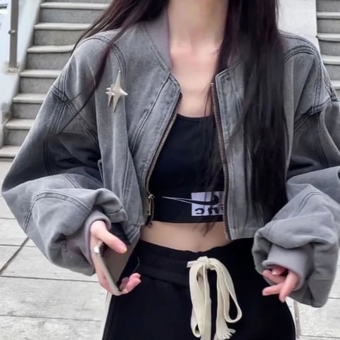 Grey Cross Denim Zip Up Jacket