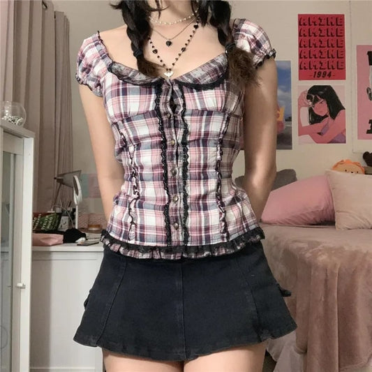 Plaid Ruffle Square V Neck Short Sleeve Top