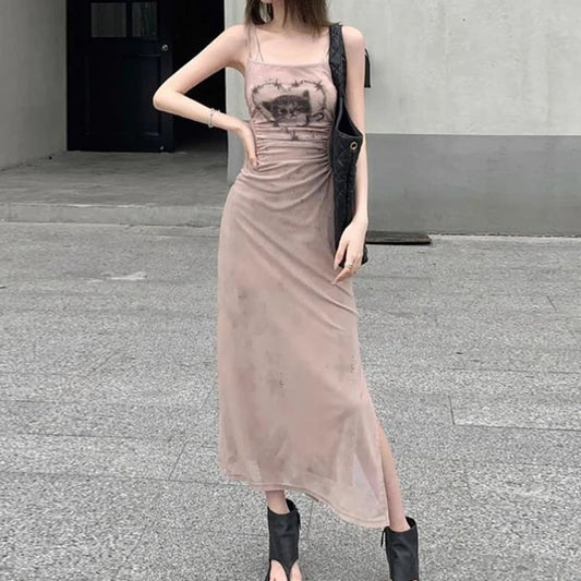Cat Graphic Print Split Long Dress