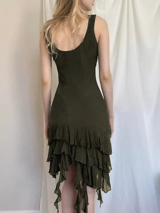 Green Ruffle Irregular Lace Dress