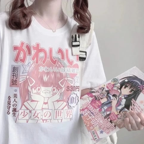 Pink 2D Anime Girl Print Short Sleeve T-shirt