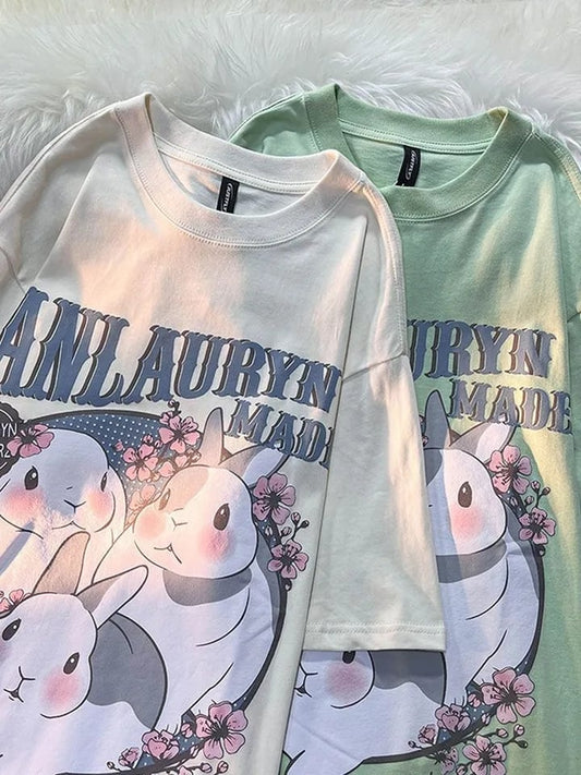 Rabbit Floral Print Short Sleeve T-shirt