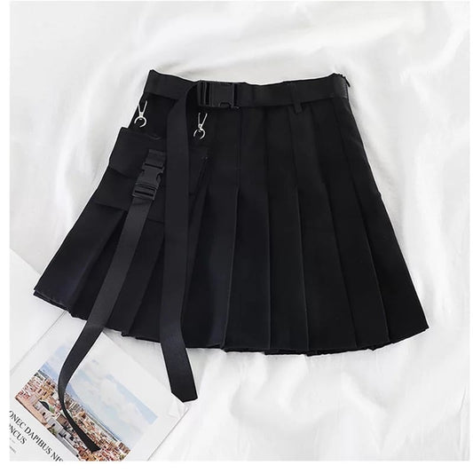 Cute Black Safari Kpop High Waisted Pleated Mini Skirt Goth Punk E-Girl Kawaii Korean Japanese Harajuku Chinese Retro Streetwear Aesthetic
