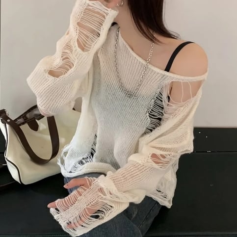 White Hole Ripped Long Sleeve Sweater