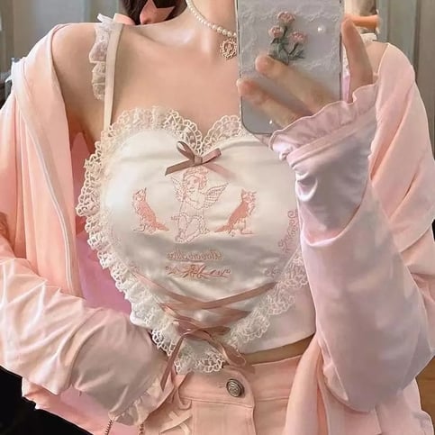 Cute Pink Lace Heart Frill Bustier Tank Crop Top Corset Summer Aesthetic Casual E-Girl Kawaii Korean Japanese Harajuku
