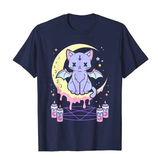Cute Pastel Black Cat Witch Magic Moon Print Short Sleeve T-shirt Goth Punk Aesthetic Casual E-Girl Kawaii Korean Japanese Harajuku