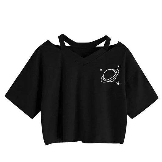 Black Planet Star Print Casual Summer Crop Top Short Sleeve Tee Shirt T-shirt Top E-Girl Kawaii Korean Japanese Harajuku Streetwear