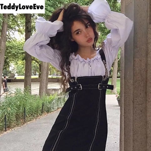 Sexy Black Casual Chain Metal Sling Belt Zipper Short Mini Dress Punk Goth E-Girl Kawaii Korean Japanese Harajuku Streetwear