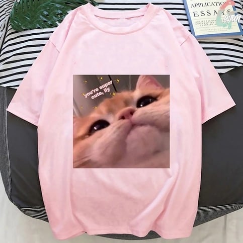 Cute Pink Funny Cat Kitten Meme Cartoon Print Loose Short Sleeve Short T-shirt Tee Top Summer Casual E-Girl Kawaii Korean Japanese Harajuku Streetwear