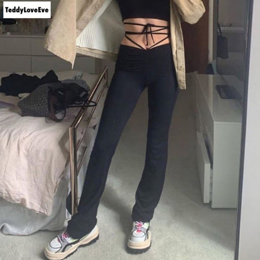 Cute Sexy Black High Waisted Thin Bandage Wrap Tie Pant Trousers Joggers E-Girl Kawaii Korean Japanese Harajuku Chinese Retro Streetwear Aesthetic
