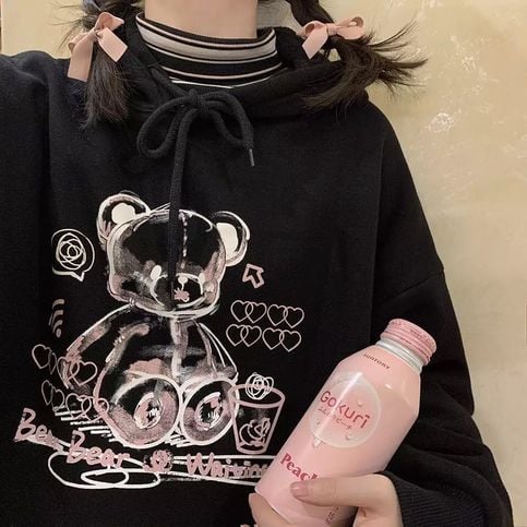 Cute Black Bear Cartoon Print Loose Long Sleeve Hoodie Sweatshirt Sweater Pullover Jumper Punk Goth E-Girl Kawaii Korean Japanese Harajuku Streetwear