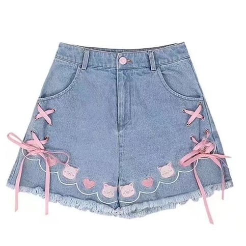 Cat Embroidery Pink Ribbon Denim Shorts
