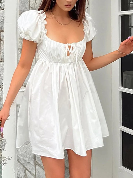 White Puff Sleeve Ruffle Trim Mini Dress