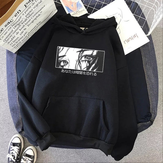 Cute Japanese Horror Punk Goth Cartoon Print Casual Sweatshirt Hoodie Pullover E-Girl Kawaii Korean Japanese Harajuku Retro Streetwear Aesthetic