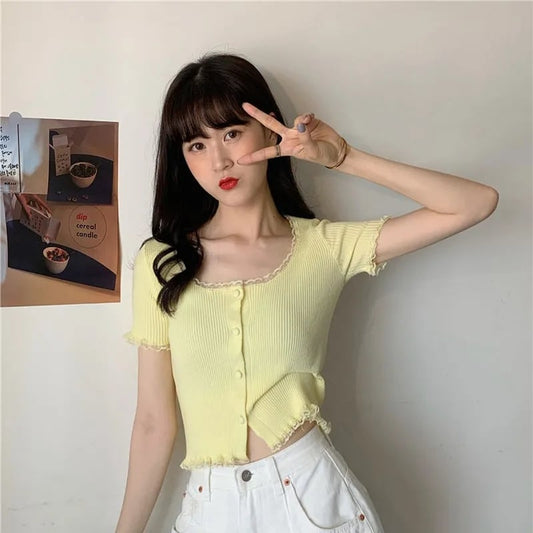 Yellow Lace Knit Short Sleeve Top