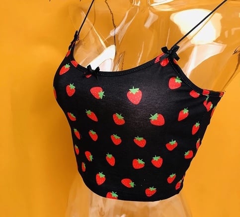 Cute Strawberry Fruit Spaghetti Strap Crop Top Camisole Shirt Tee T-shirt E-Girl Kawaii Korean Japanese Harajuku Chinese Retro Streetwear Aesthetic