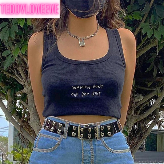 Cute Knit Indie Letter Embroidery Black White Tank Top Crop Top Sleeveless Shirt Goth Punk Casual E-Girl Kawaii Korean Japanese Harajuku Streetwear