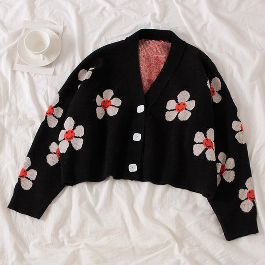 Cute Flower Preppy V Neck Loose Flower Knit Cardigan Sweater Korean Japanese Harajuku Chinese Streetwear Fashion