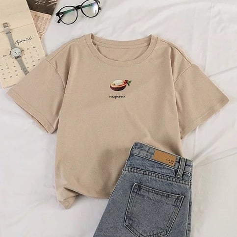 Cute Summer Casual Fruit Print O Neck Short Sleeve Tee Shirt T-shirt Top Loose Oversized E-Girl Kawaii Korean Japanese Harajuku Retro Streetwear