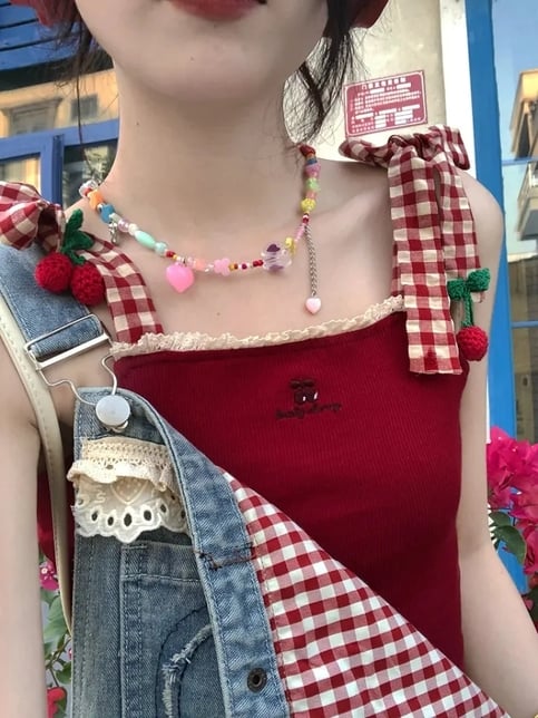Cherry Red Plaid Embroidery Tank Top