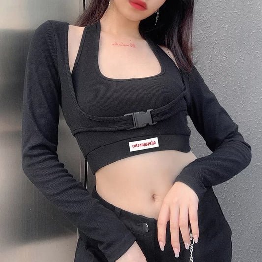 Cute Sexy 2pcs Set Black Halter Crop Top Tank Buckle Long Sleeve T-shirt Tracksuit Summer Aesthetic Casual E-Girl Kawaii Korean Japanese Harajuku