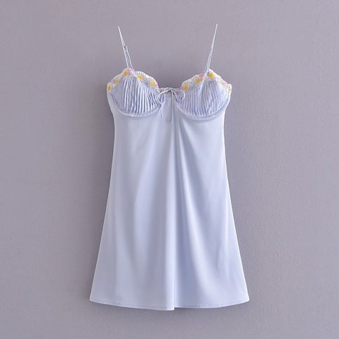 Light Blue Floral Embroidery Mini Dress