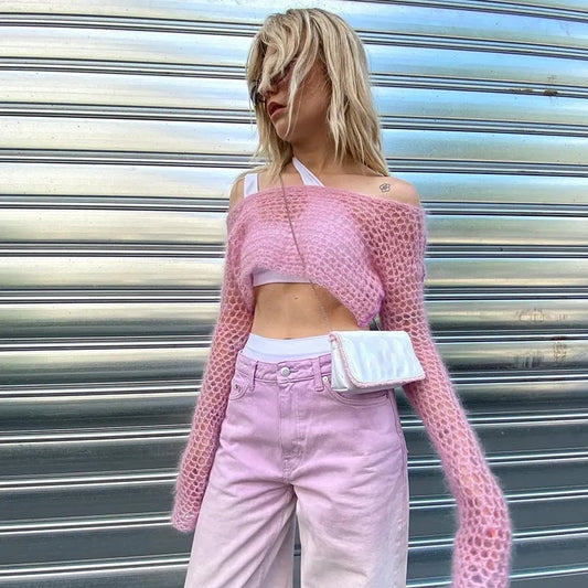 Pink Hollow Out Fishnet Long Sleeve Shirt