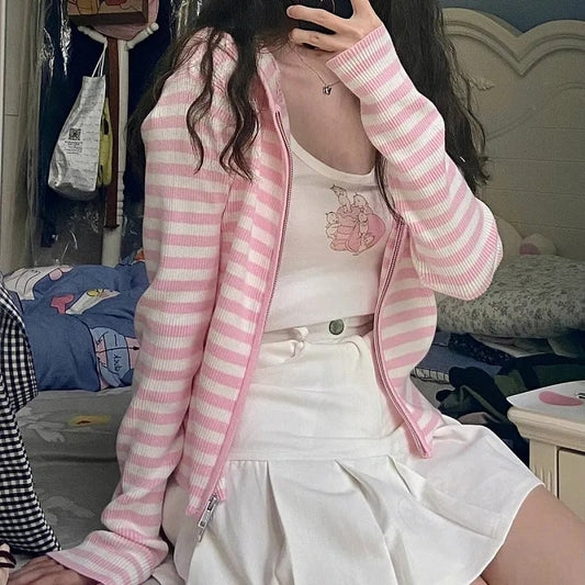 Pink Stripe Thin Zipper Jacket