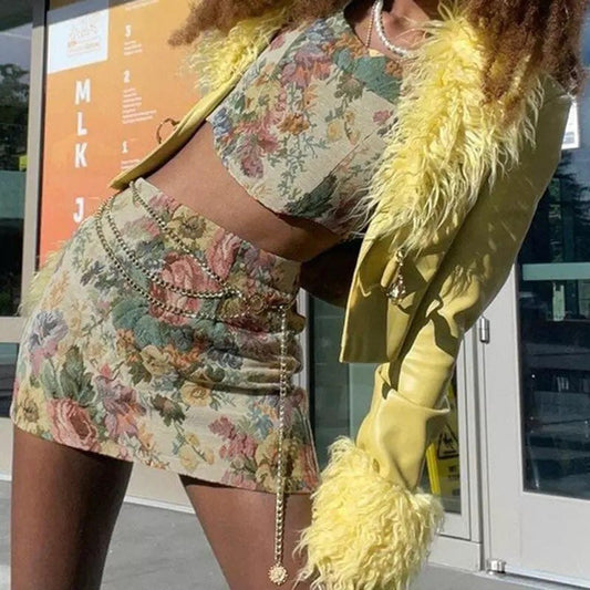 2PCS Vintage Floral Flower Print Corset Crop Top + Mini Skirt Set Aesthetic Casual E-Girl Kawaii Korean Japanese Harajuku