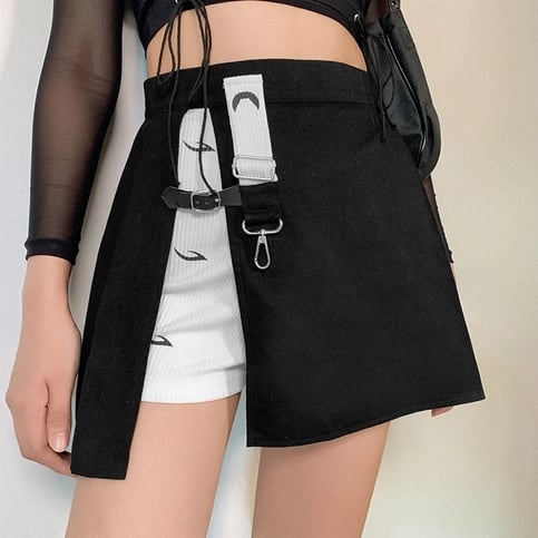 Cute Kpop Patchwork Buckle Cross Split High Waist Mini Skirt Goth Punk Streetwear Summer Aesthetic Casual E-Girl Kawaii Korean Japanese Harajuku