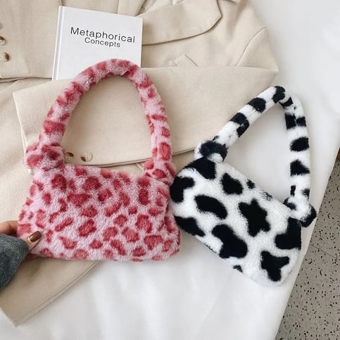 Cow Cheetah Print Plush Shoulder Bag