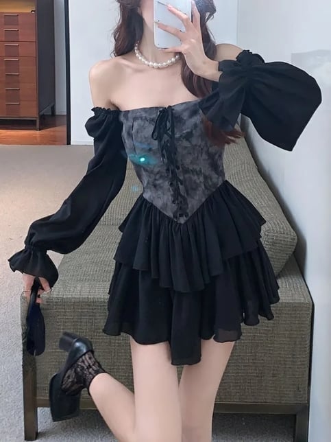 Black Floral Corset Long Sleeve Dress