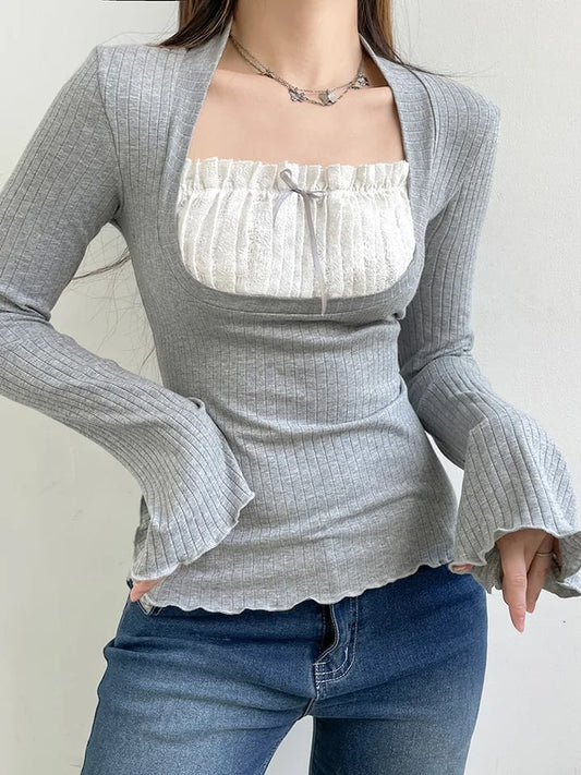 2PCS Milkmaid Patchwork Long Sleeve T-shirt