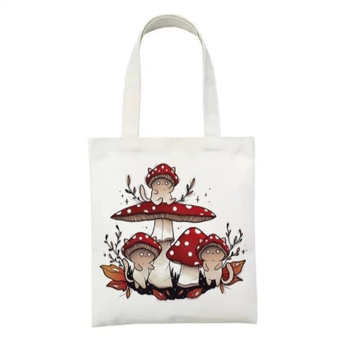Cute Cat Ghost Mushroom Print Reusable Shopping Bag Canvas Tote Bag Shoulder Bag Aesthetic Casual E-Girl Kawaii Korean Japanese Harajuku