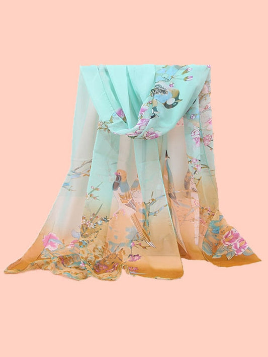 New Chiffon Scarves Women Summer Thin Scarf Shawls And Wraps Flower with Bird Print Hijab Stoles for Women