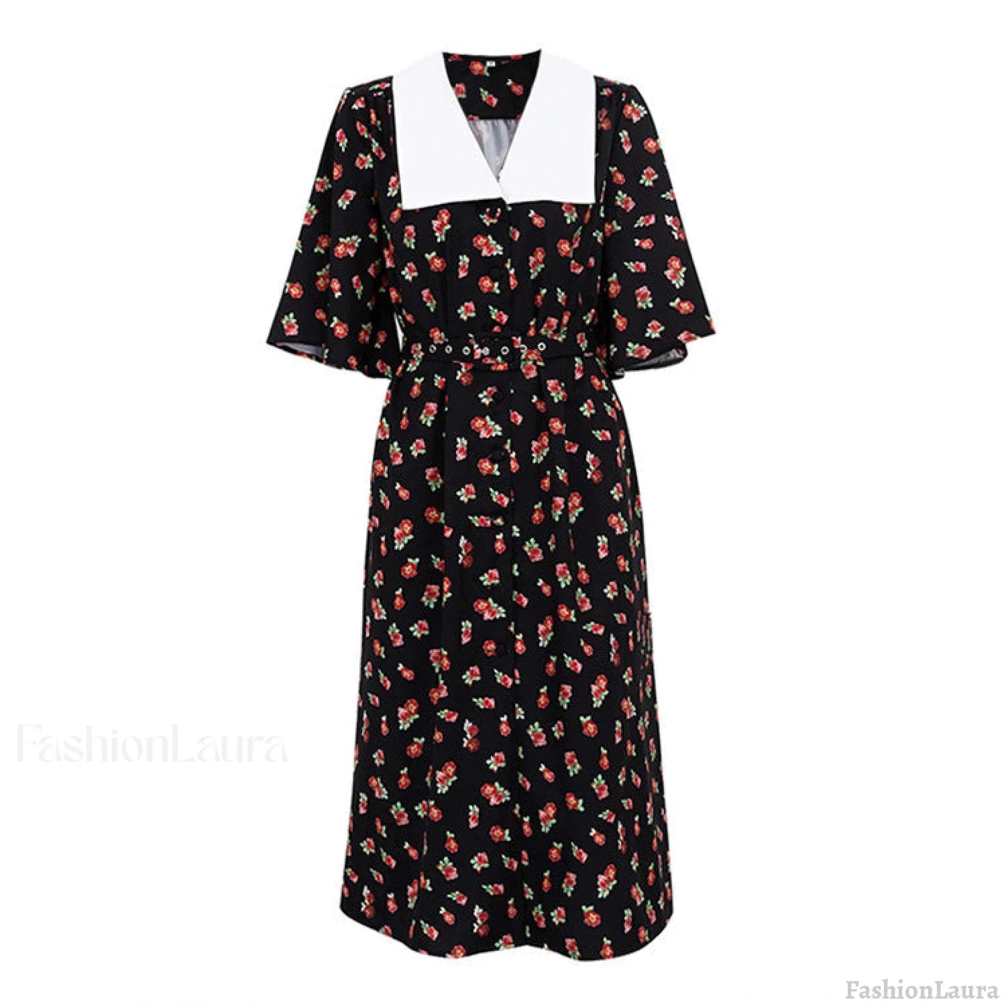 Floral Print Slit Tight Waist A line Dress Elegant Short Sleeve Doll Collar Dress