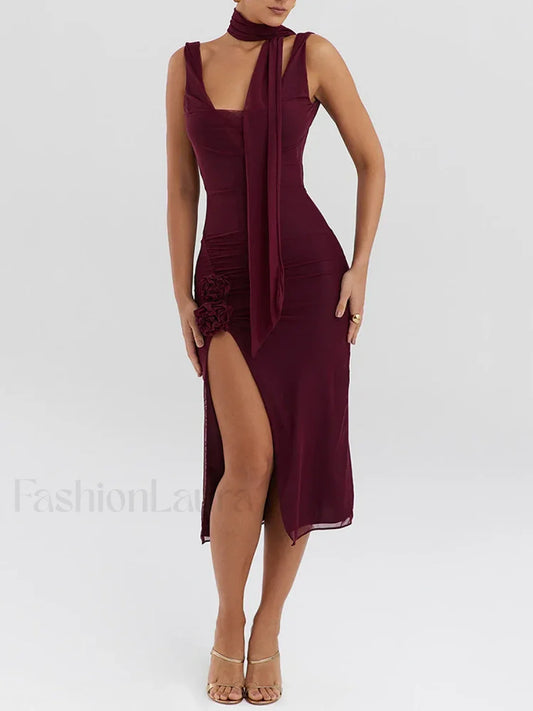 Flower High-Split Midi Dress