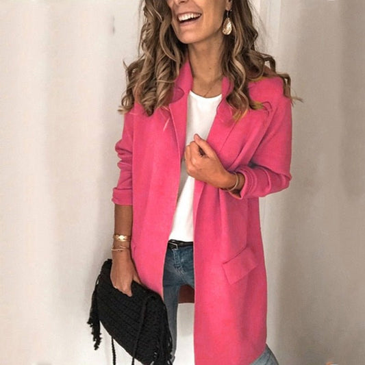 Blazer largo abierto para mujer con bolsillo y solapa | Ideal para otoño/invierno