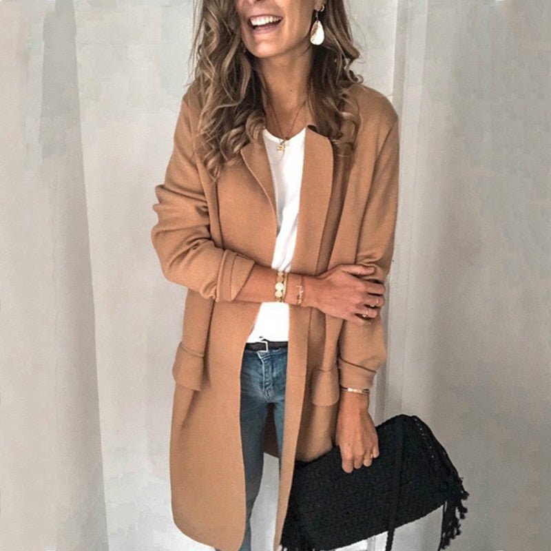 Blazer largo abierto para mujer con bolsillo y solapa | Ideal para otoño/invierno