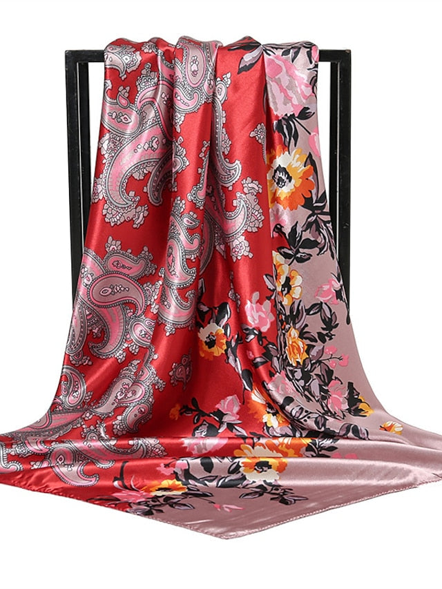 1pcs 90*90cm New Flower Square Silk Scarf Women Print Hijab Headband Wraps Muslim Headscarf Bandana for Women