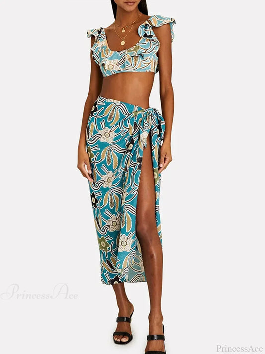 Fresh Blue Floral Back Strap Swimsuit One Piece