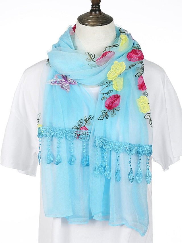 Spring Summer Embroidery Solid Colors Thin Style Hijab Gauze Scarf Women Butterfly Tassel Scarves Daily Dress for Women