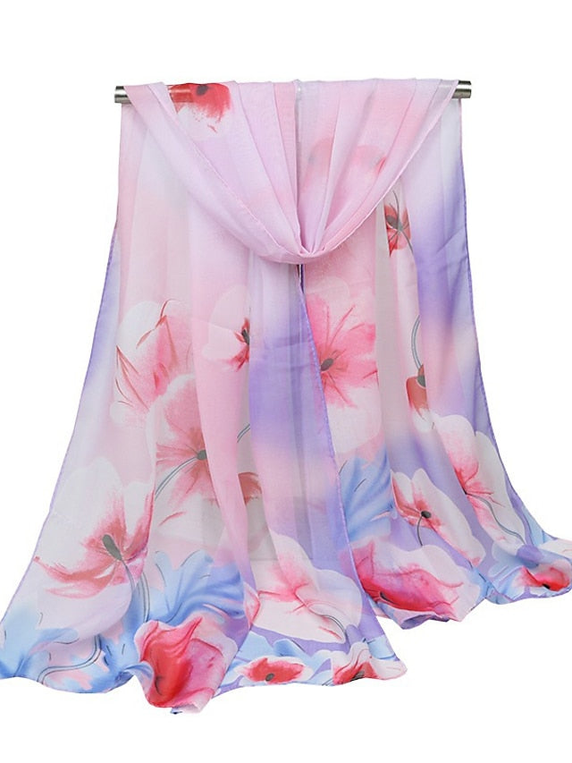 Thin Style Chiffon Georgette Print Beach Scarf Gradient Color Flower Summer Sunscreen Bandana Scarf&Shawl for Women