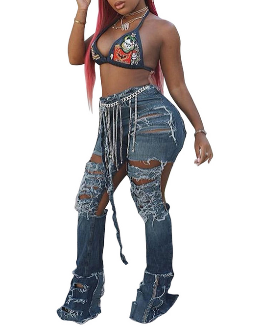 Panelled Ripped Slim-Fit Flared Trousers