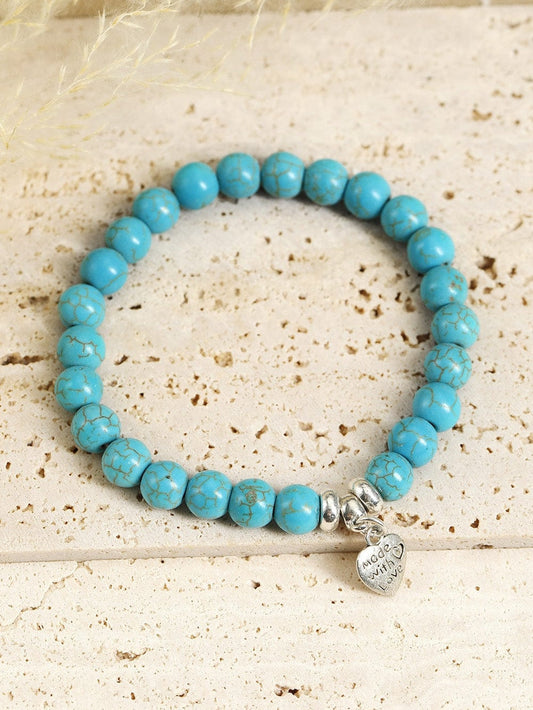 Boho Chic Green Heart Pendant Bracelet with Turquoise Beads