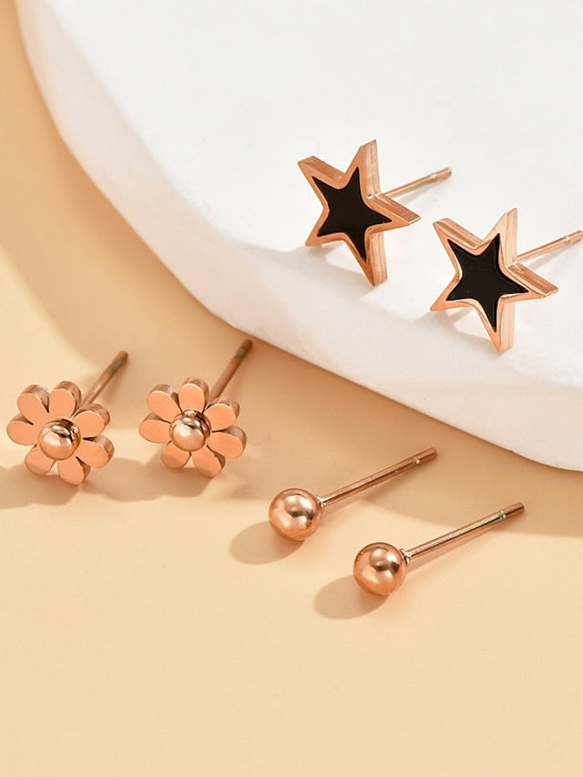 3 Pairs Stud Earrings Earrings For Work Birthday Gift Steel Classic Star Petal for Women