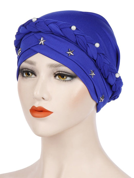 9 Colors Muslim Women Cross Braid Turban Hat with White Pearl Star Decorate Inner Hijabs Stretch Beanie Cap Hair Accessories Hair Care Cap Head Wrap for Women