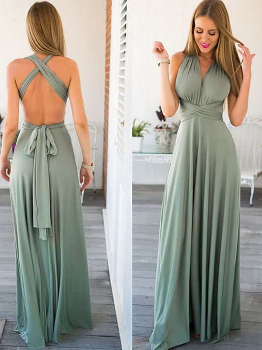 A-Line Bridesmaid Dress Halter / V Neck Sleeveless Convertible Floor Length Spandex with Sash / Ribbon / Pleats 2022